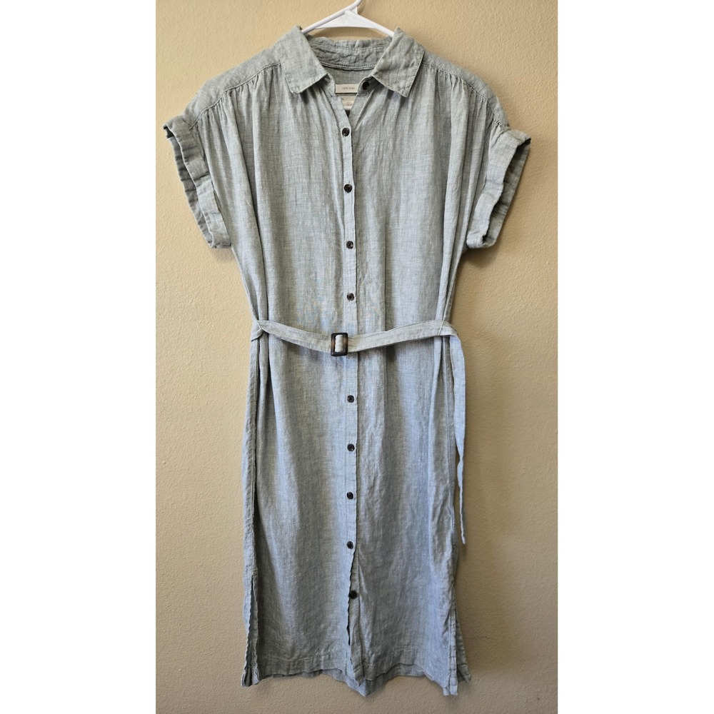 C & California 100% Linen Shirt Dress Sage Belted Midi Button Front Womens S